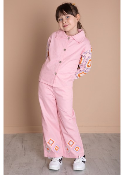 Pembe Nakış Detaylı Kolları Dantel Kız Çocuk Alt Üst Takım 20336 modelleri