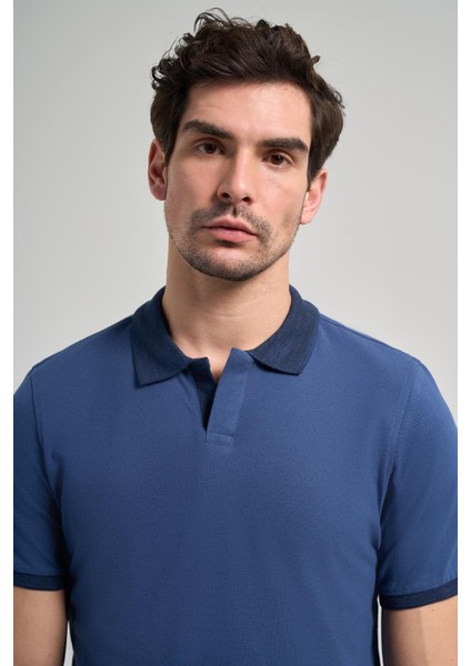 Lacivert Pike Polo Yaka Pamuk Casual Slim Fit Dar Kesim Tişört 1011240155