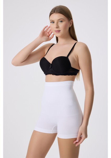 Ekstra Yüksek Bel Göbek Toparlayıcı Mini Boxer Korse, Şekillendirici Şort Beyaz