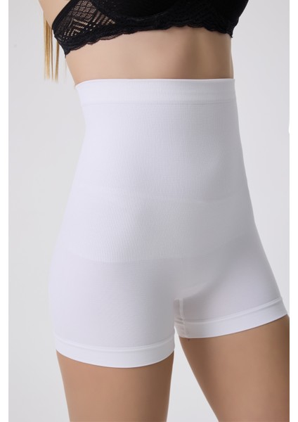Ekstra Yüksek Bel Göbek Toparlayıcı Mini Boxer Korse, Şekillendirici Şort Beyaz
