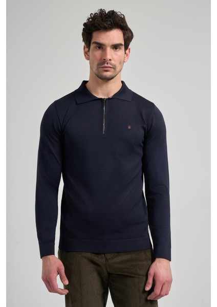 Koyu Lacivert Polo Yaka Düz Casual Pamuklu Slim Fit Triko 1012245250