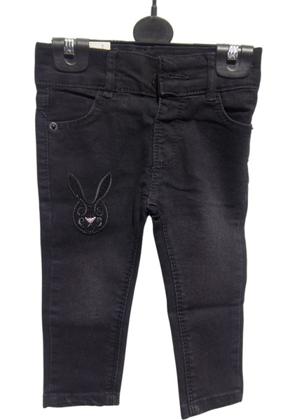 Tavşan Nakışlı Taş Işlemeli Jeans Pantolon