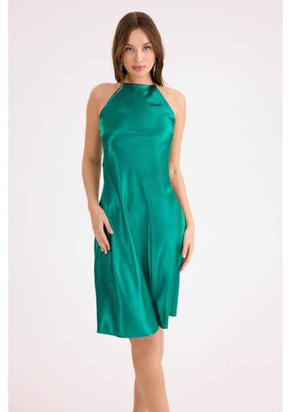 Ip Askılı Midi Boy Saten Elbise
