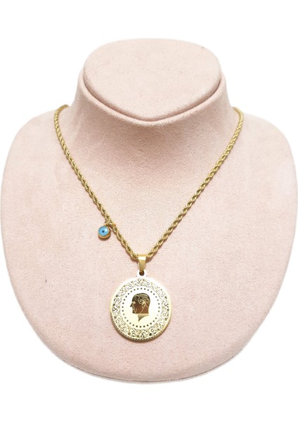 Çelik Kolye Ata Çeyrek Nazar Boncuklu Model 0.2 mm Burgu Zincir 60 cm Ayarlanabilir Altın (Gold)