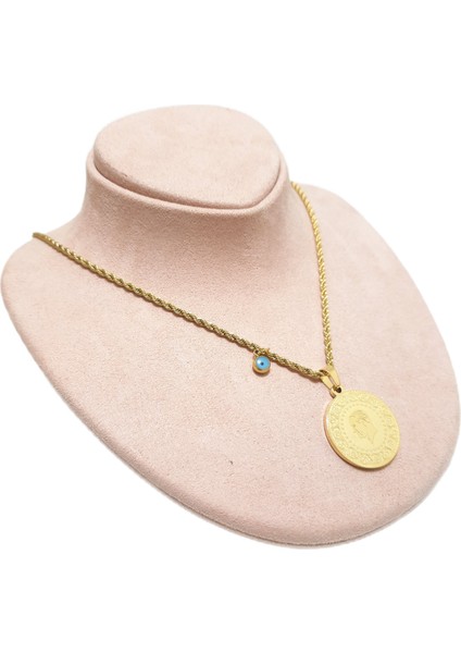 Çelik Kolye Ata Çeyrek Nazar Boncuklu Model 0.2 mm Burgu Zincir 60 cm Ayarlanabilir Altın (Gold)