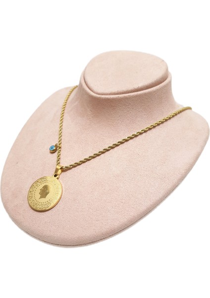 Çelik Kolye Ata Çeyrek Nazar Boncuklu Model 0.2 mm Burgu Zincir 60 cm Ayarlanabilir Altın (Gold)