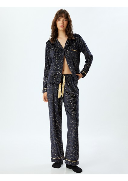 Pijama Üstü Örme Düğmeli Gömlek Yaka Parıltılı Yıldız Baskılı fiyatları