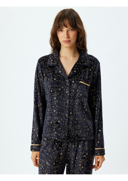 Pijama Üstü Örme Düğmeli Gömlek Yaka Parıltılı Yıldız Baskılı modelleri