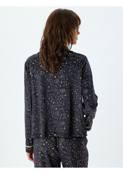 Pijama Üstü Örme Düğmeli Gömlek Yaka Parıltılı Yıldız Baskılı fırsatları