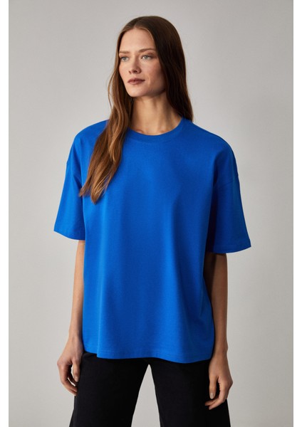 Lagertha Kadın Organik Pamuklu Kalın Dokulu Oversize Fit Yuvarlak Yakalı Mavi T-Shirt