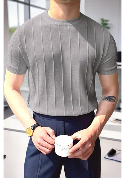 Toro Çizgili Likralı Slim Fit Bisiklet Yaka Örme Erkek Triko Tshirt