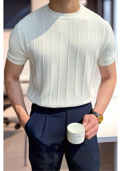 Toro Çizgili Likralı Slim Fit Bisiklet Yaka Örme Erkek Triko Tshirt