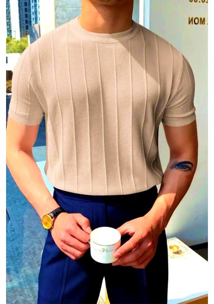 Toro Çizgili Likralı Slim Fit Bisiklet Yaka Örme Erkek Triko Tshirt