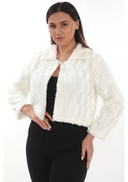 Beyaz Tüylü Uzun Kollu Kürklü Gelin Etolü, Tek Broşlu Bolero