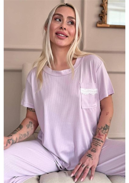 Lila Dublin Kısa Kollu Dantelli Kadın Pijama Takımı