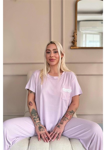 Lila Dublin Kısa Kollu Dantelli Kadın Pijama Takımı