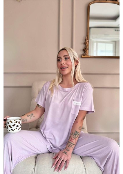 Lila Dublin Kısa Kollu Dantelli Kadın Pijama Takımı
