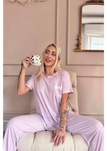 Lila Dublin Kısa Kollu Dantelli Kadın Pijama Takımı