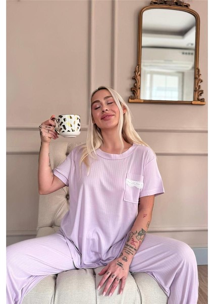Lila Dublin Kısa Kollu Dantelli Kadın Pijama Takımı