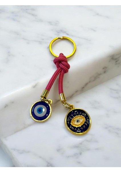 Çift Nazar Boncuklu Anahtarlık - Fuşya(10,5 Cm) Hediyelik