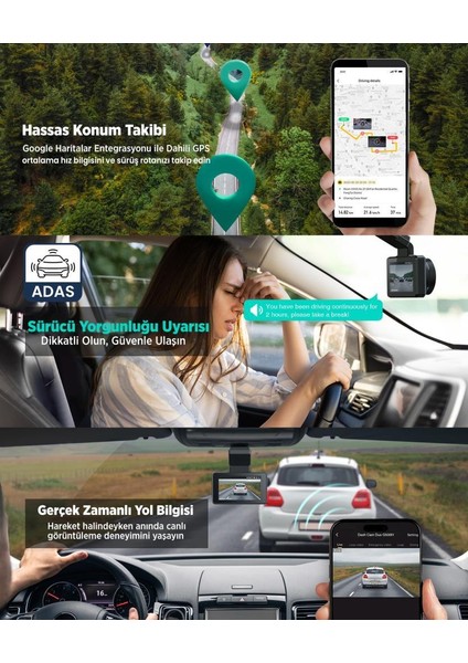 Botslab G500H Pro ADAS Ön 3K QHD -Arka 1080P FHD 150° Geniş Açı WiFi+GPS Araç İçi Kamera +Park Modu Combo