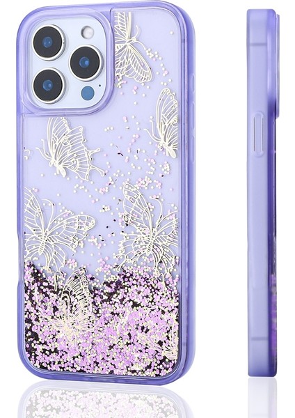 Apple iPhone 15 Pro Max Kılıf Gliss Kelebek Baskılı Sıvı Simli