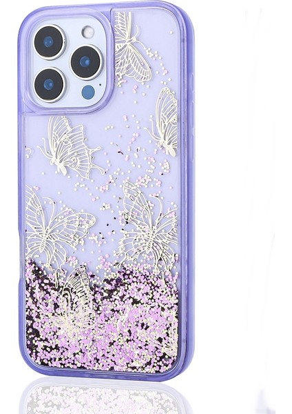 Apple iPhone 14 Pro Max Kılıf Gliss Kelebek Baskılı Sıvı Simli