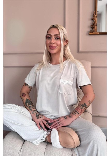 Gri Dublin Kısa Kollu Dantelli Kadın Pijama Takımı fiyatları