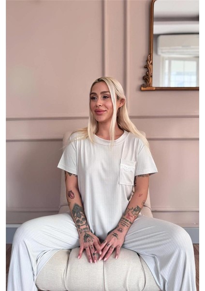 Gri Dublin Kısa Kollu Dantelli Kadın Pijama Takımı modelleri
