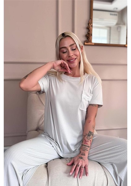 Gri Dublin Kısa Kollu Dantelli Kadın Pijama Takımı fırsatları
