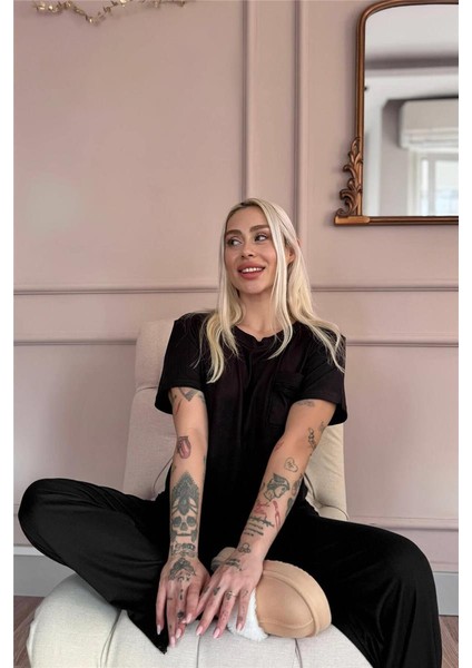 Siyah Dublin Kısa Kollu Dantelli Kadın Pijama Takımı modelleri