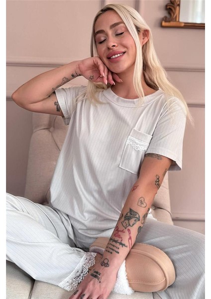 Gri Dublin Kısa Kollu Dantelli Kadın Pijama Takımı