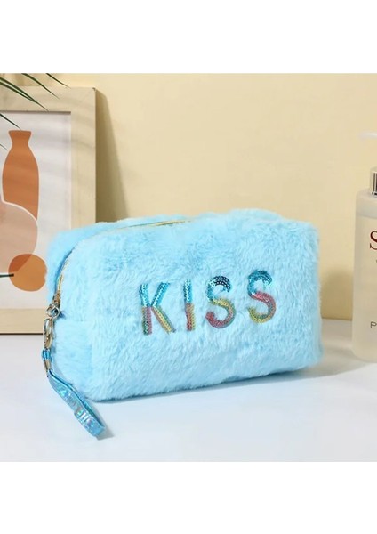 Mavi Renk Kiss Yazılı Peluş Makyaj Çantası