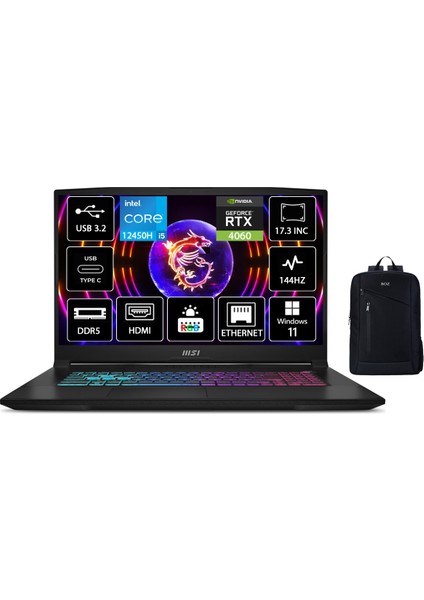 Katana 17 B12VFK-1031XTR I5-12450H 96GB Ddr5 1tb SSD 8gb RTX4060 Gddr6 17.3" Fhd 144Hz Windows 11 Pro Gaming (Oyuncu) Notebook + Boz Çanta