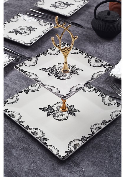 Çift Katlı Seramik Black Rose Desen Kurabiyelik Aperatif Iki Katlı Sunum Tabağı Servis Seti Ikramlık