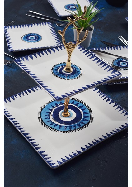 Çift Katlı Seramik Nazar Desen Kurabiyelik Aperatif Iki Katlı Sunum Tabağı Servis Seti Ikramlık