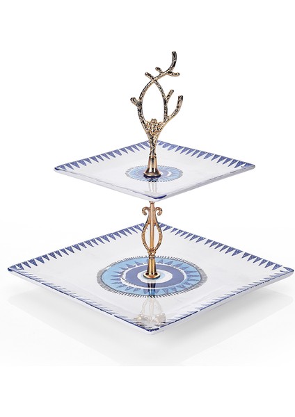 Çift Katlı Seramik Nazar Desen Kurabiyelik Aperatif Iki Katlı Sunum Tabağı Servis Seti Ikramlık fiyatları