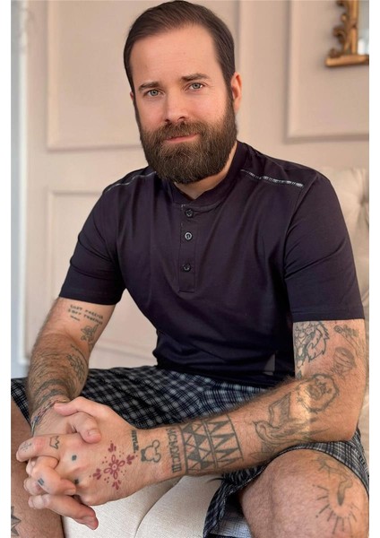 Gri Siyah Ekose Line Edge Detaylı Şortlu Kısa Kollu Erkek Pijama Takımı