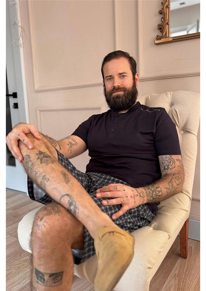 Gri Siyah Ekose Line Edge Detaylı Şortlu Kısa Kollu Erkek Pijama Takımı fırsatları