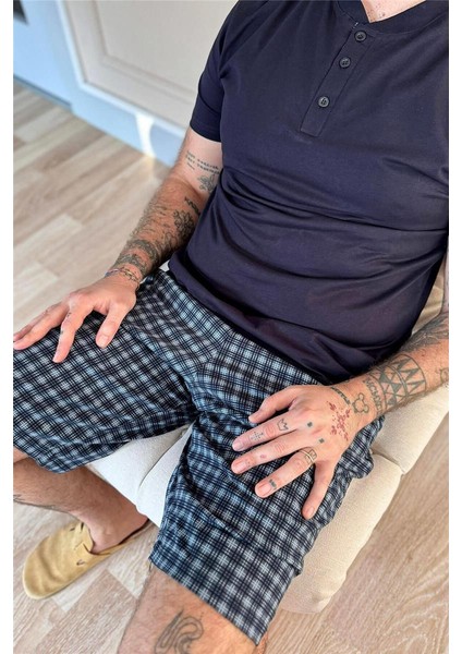 Gri Siyah Ekose Line Edge Detaylı Şortlu Kısa Kollu Erkek Pijama Takımı