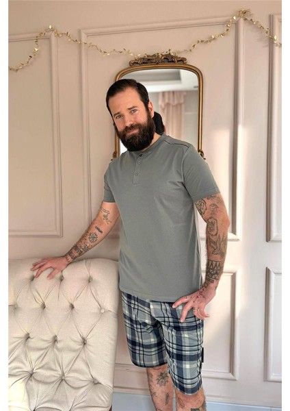 Yeşil Ekose Line Edge Detaylı Şortlu Kısa Kollu Erkek Pijama Takımı