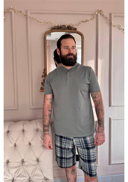 Yeşil Ekose Line Edge Detaylı Şortlu Kısa Kollu Erkek Pijama Takımı
