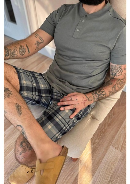 Yeşil Ekose Line Edge Detaylı Şortlu Kısa Kollu Erkek Pijama Takımı