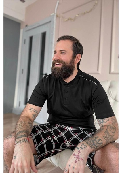 Siyah Ekose Line Edge Detaylı Şortlu Kısa Kollu Erkek Pijama Takımı