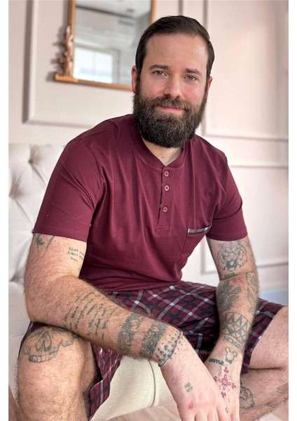 Bordo Ekose Cep Detaylı Şortlu Kısa Kollu Erkek Pijama Takımı