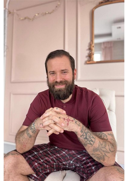 Bordo Ekose Cep Detaylı Şortlu Kısa Kollu Erkek Pijama Takımı