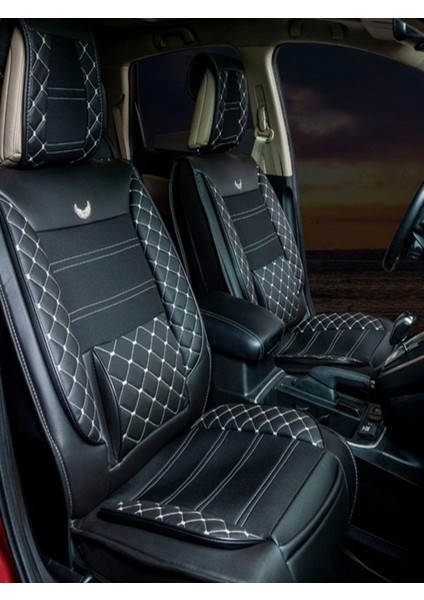 hyundai I40 Yeni Uyumlu Yarı Deri Oto Koltuk Kılıfı Ön/arka Tam Set Elit (Siyah-Beyaz)