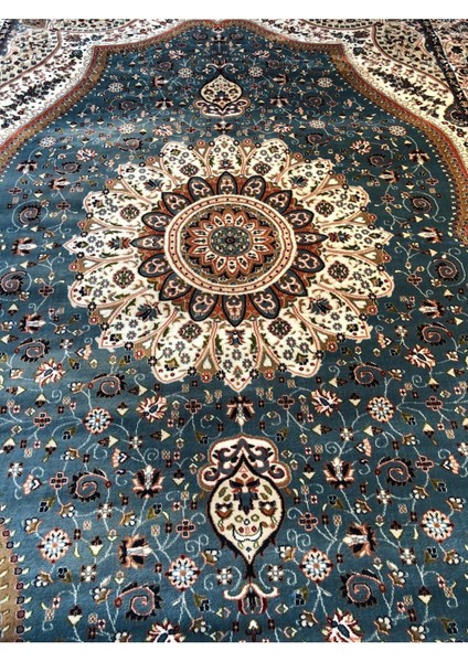 Asaryün Halı Ipek H4158M Mavi Krem Ipeksi Geleneksel Renkli Göbekli Klasik Desen Salon Halısı Modern modelleri