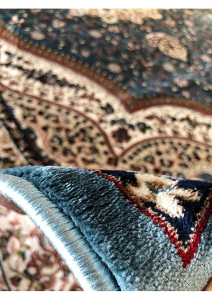 Asaryün Halı Ipek H4158M Mavi Krem Ipeksi Geleneksel Renkli Göbekli Klasik Desen Salon Halısı Modern fırsatları