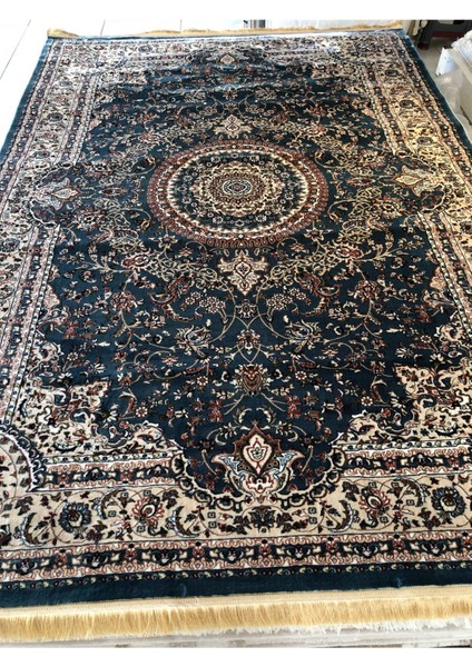 Asaryün Halı Ipek H4095M Mavi Krem Ipeksi Geleneksel Renkli Göbekli Klasik Desen Salon Halısı Modern